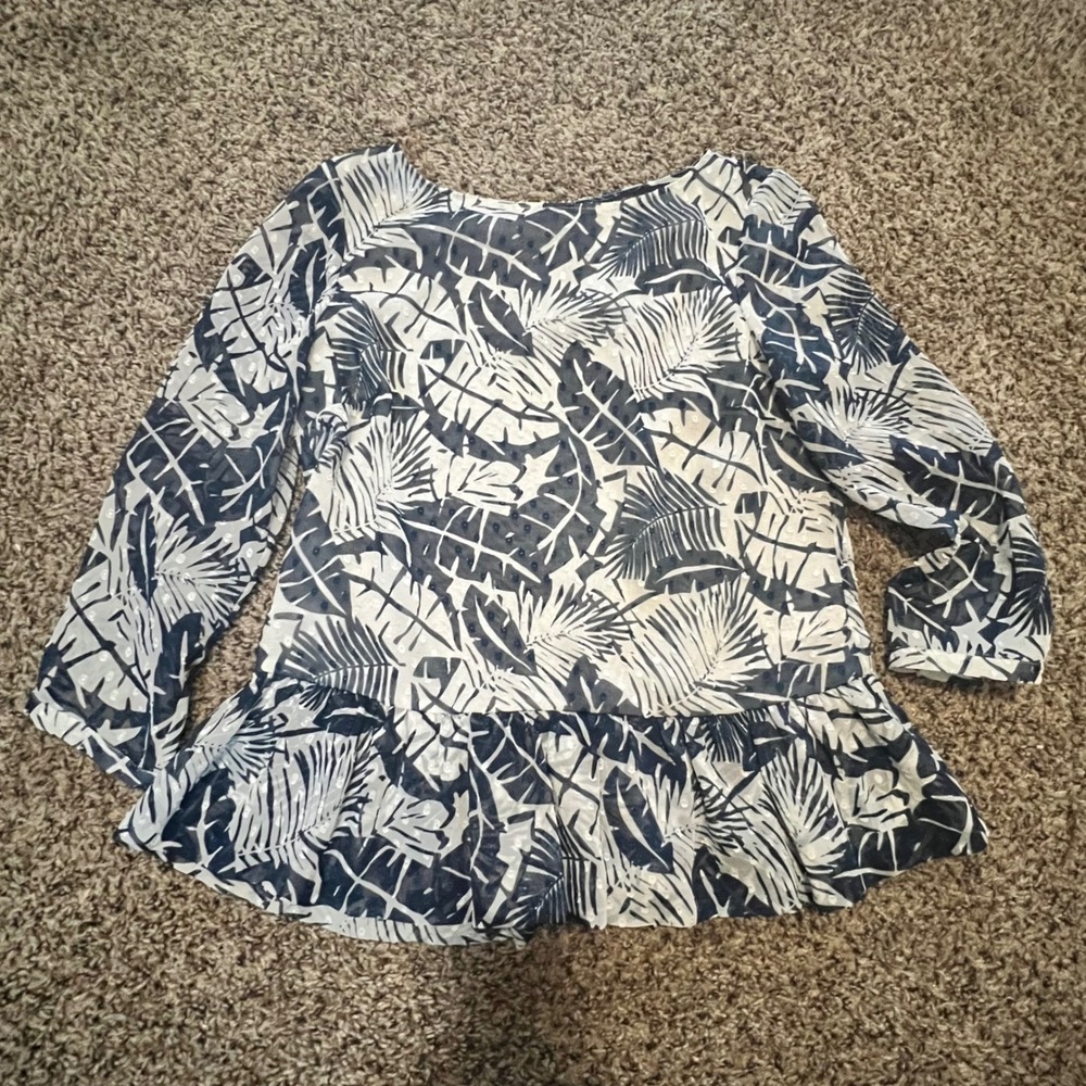 Brooks Brothers 346 Women Navy White Tropical Palm Clip Dot Peplum Blouse Size 2